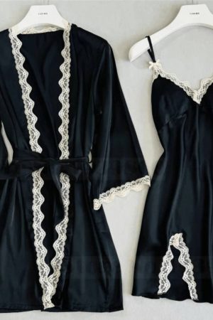 Kimono damskie komplet koszulka nocna czarne